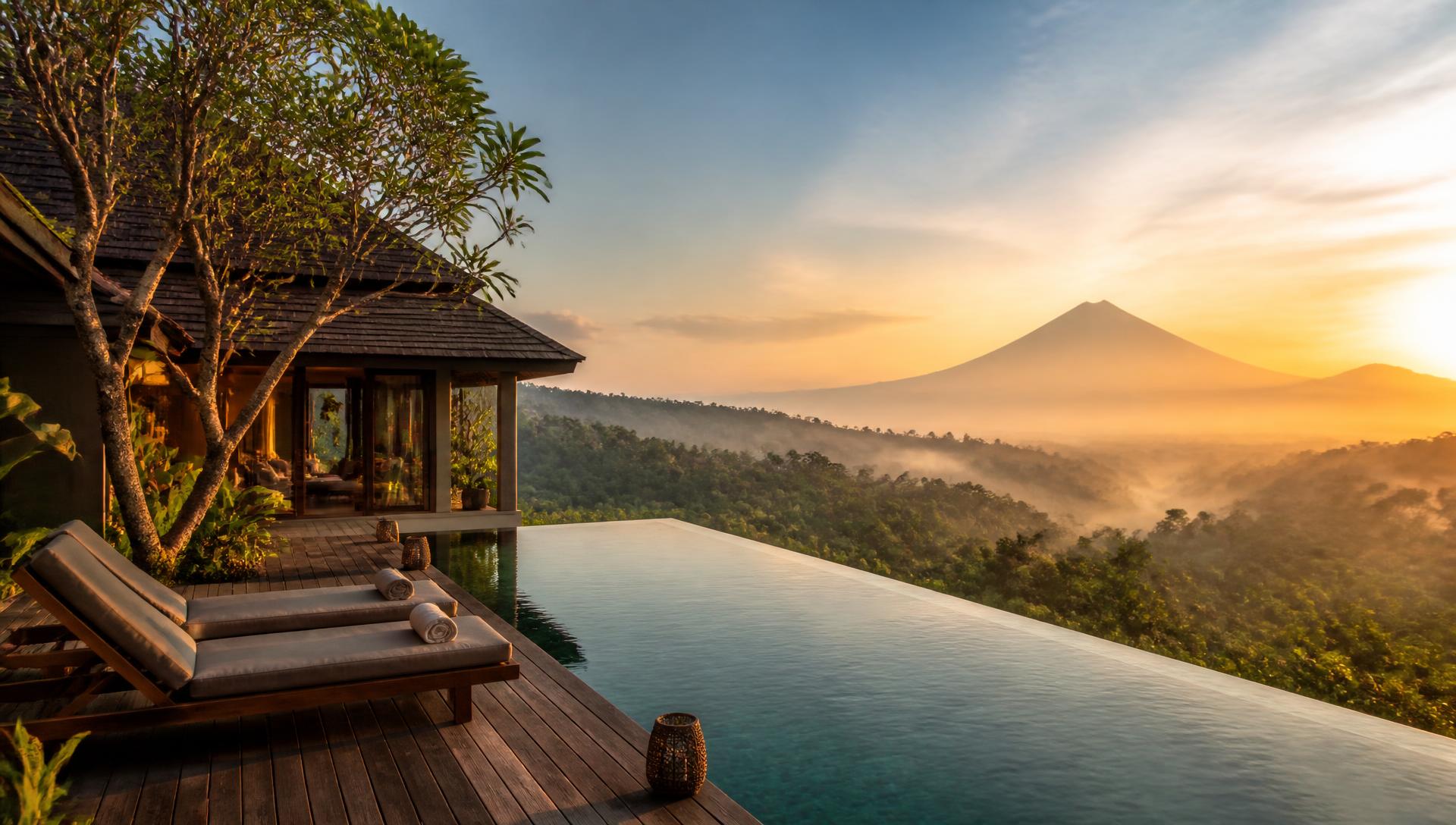 Infinity pool villa overlooking the valley and Mount Agung at golden hour