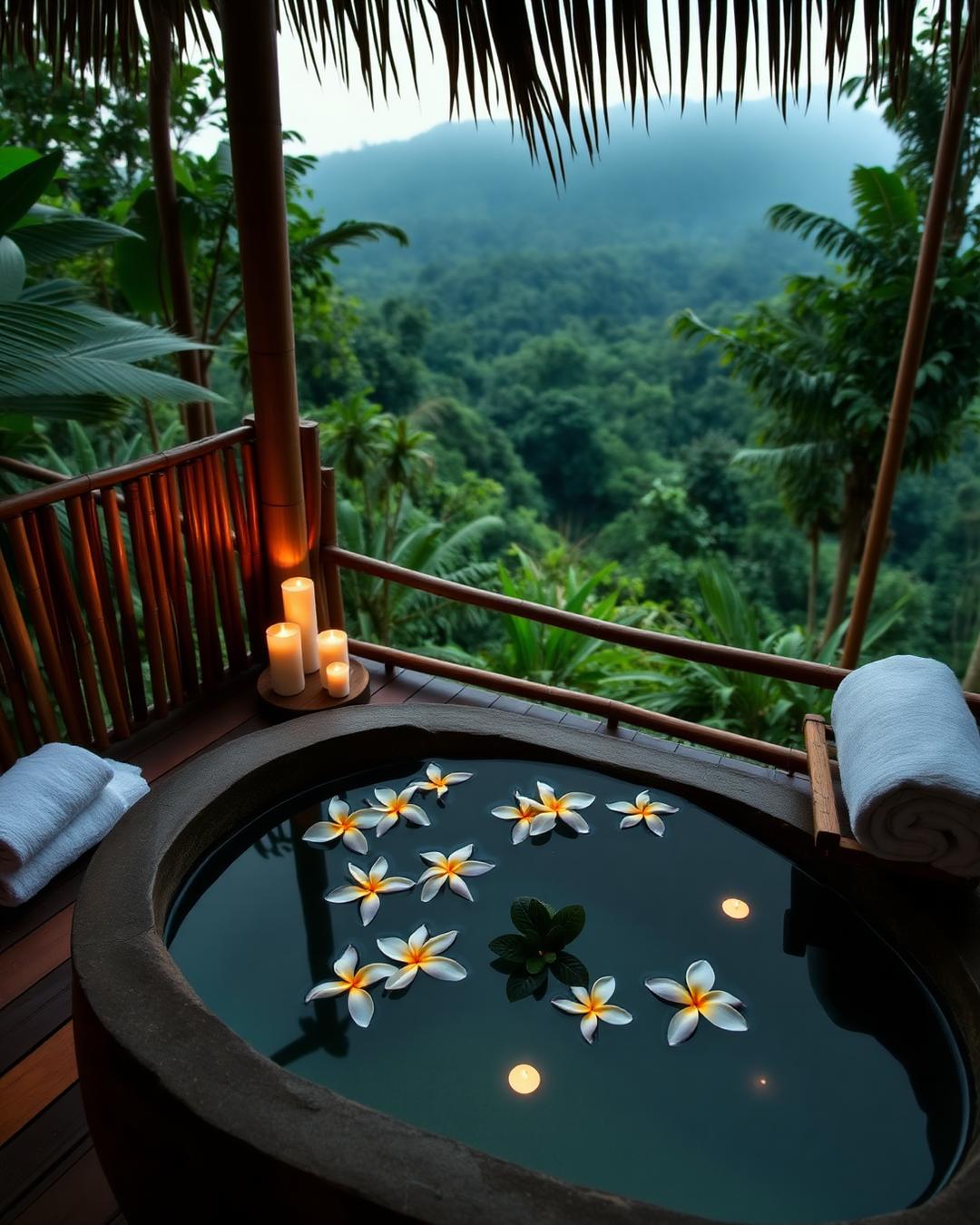 Open-air spa bath with frangipani flowers overlooking the jungle valley